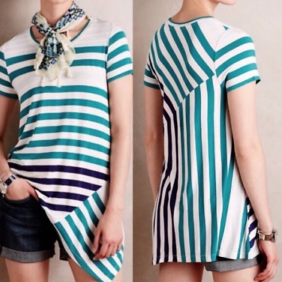 Anthropologie Striped Asymmetric Hem Short Sleeve Top‎ Size Small T-Shirt Blouse - Picture 1 of 12